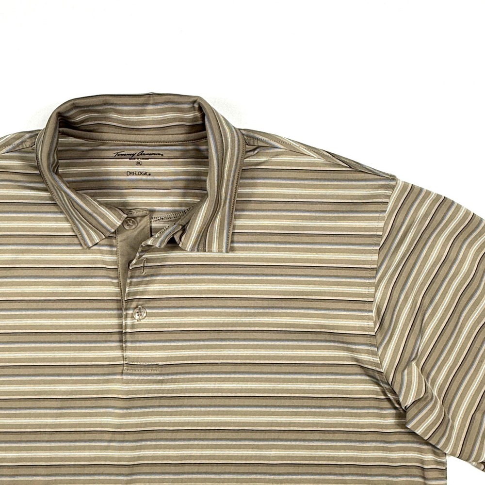 Tommy Armour Mens XL‎ Dri-Logic Striped Golf Polo Shirt Tan Brown Blue 2680
